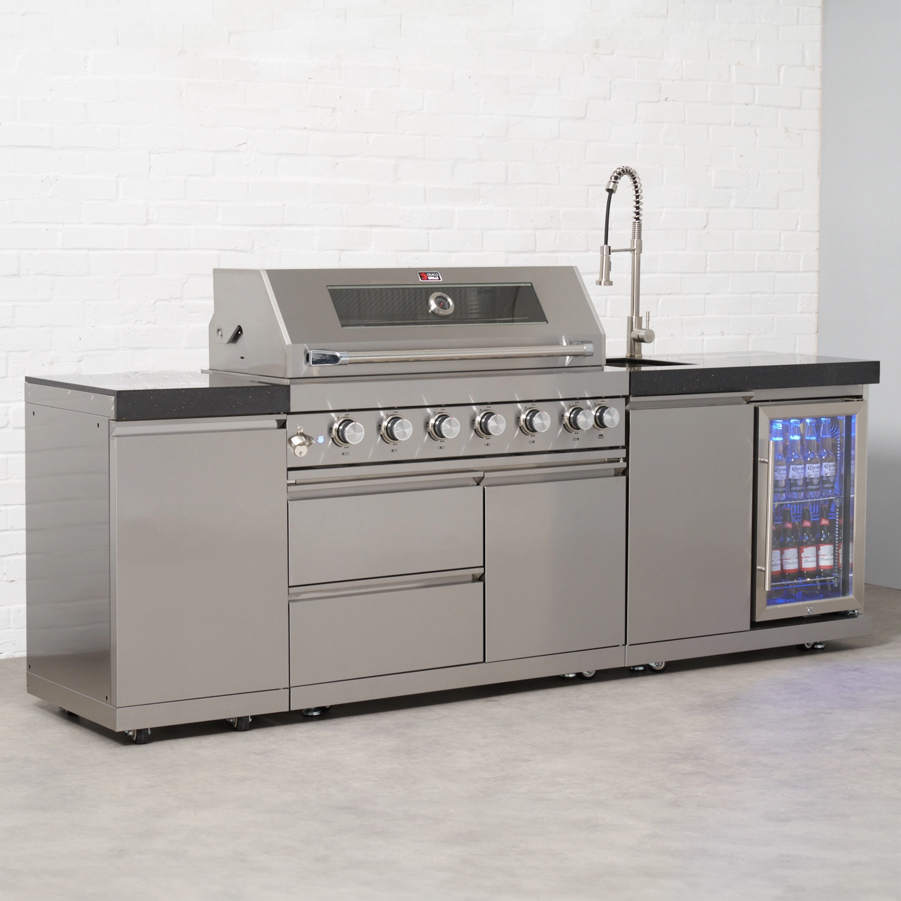 Draco Grills 6 Burner BBQ Modular Outdoor Kitchen with Cupboard and Si
