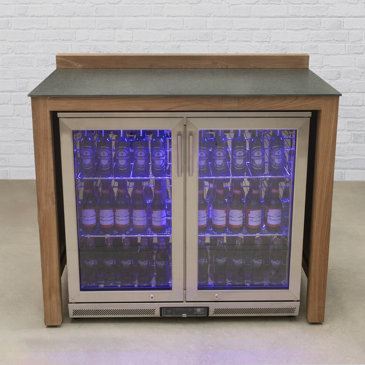 Teak Modular Outdoor Kitchen Double Fridge Cabinet with Ceramic Top