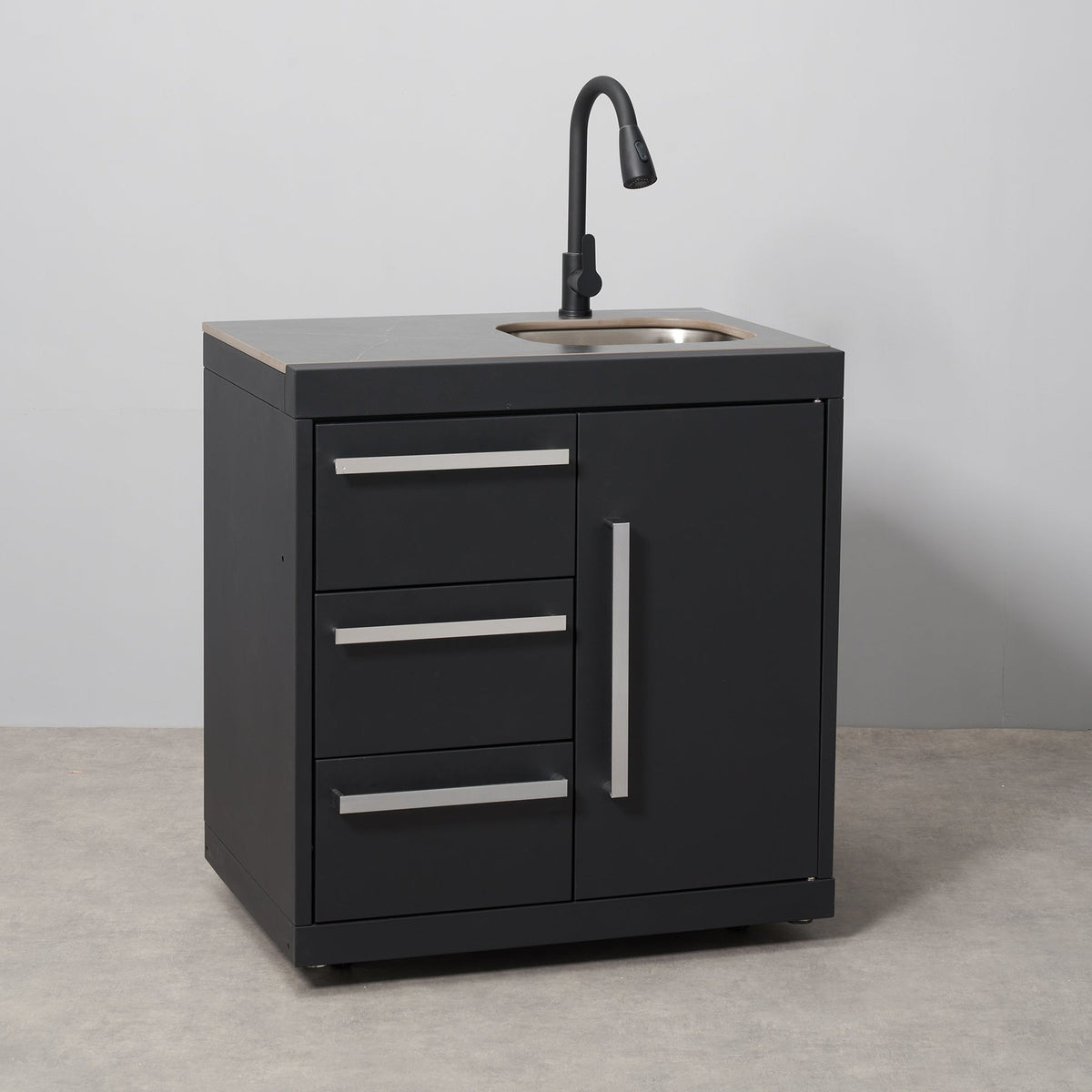 Fusion Outdoor Kitchen Black Sink and 3 Drawer Cabinet with Sintered Stone Top