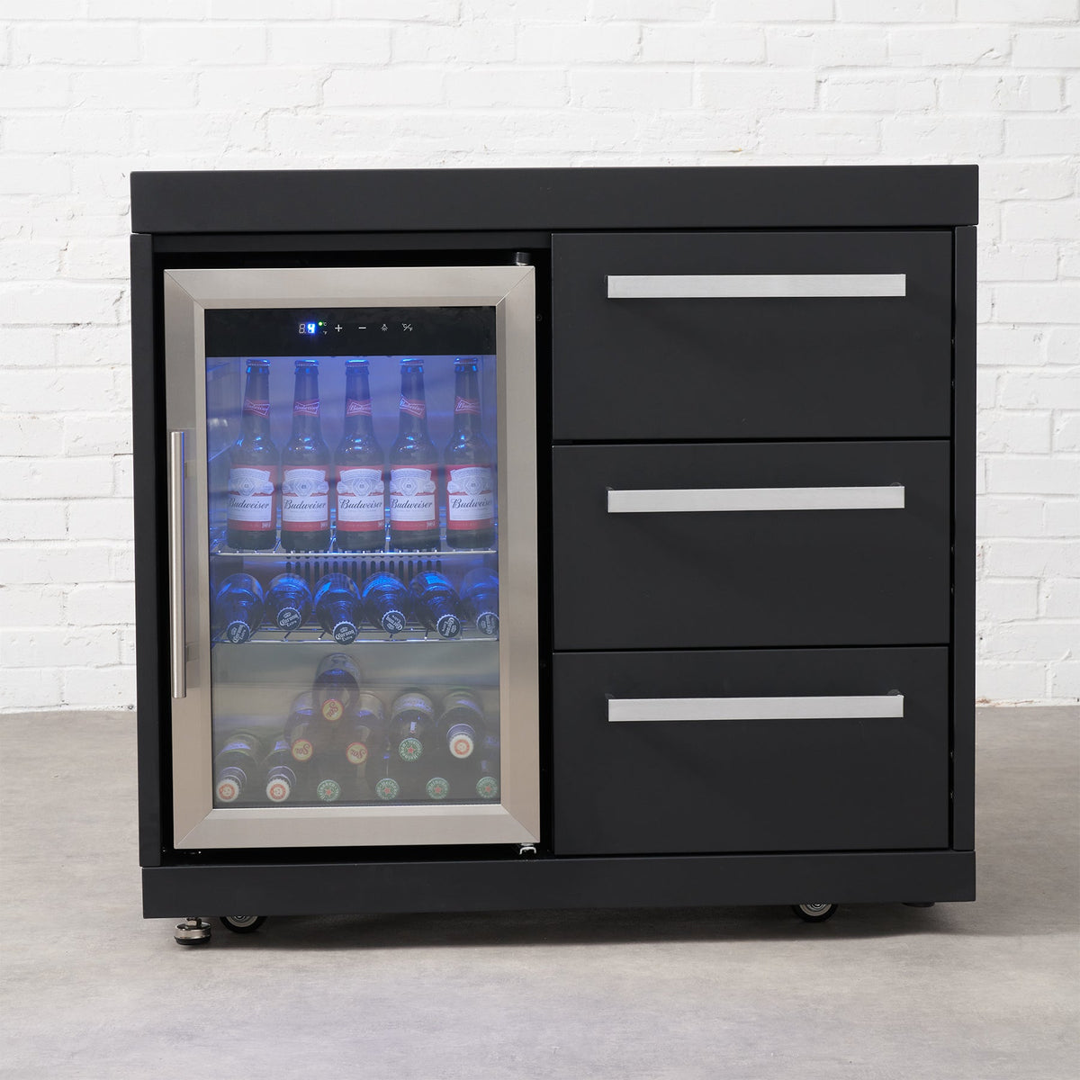 Fusion Outdoor Kitchen Black Fridge and 3 Drawer Cabinet with Sintered Stone Top