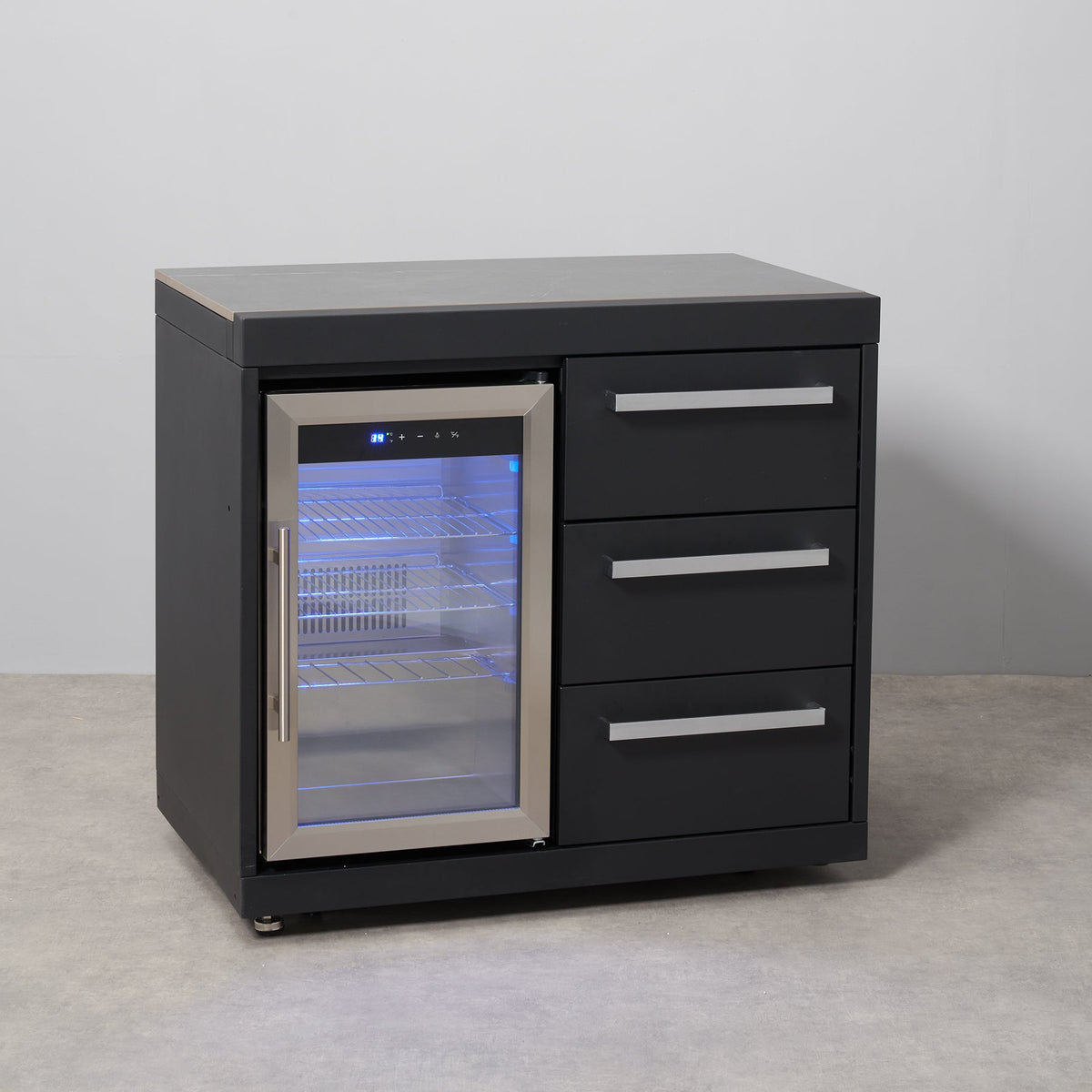 Fusion Outdoor Kitchen Black Fridge and 3 Drawer Cabinet with Sintered Stone Top